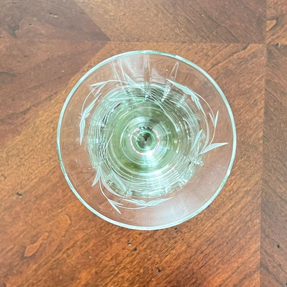 Vintage Optic Glass Wine Glasses Green Footed (5) Etched Flowers 6 5/8